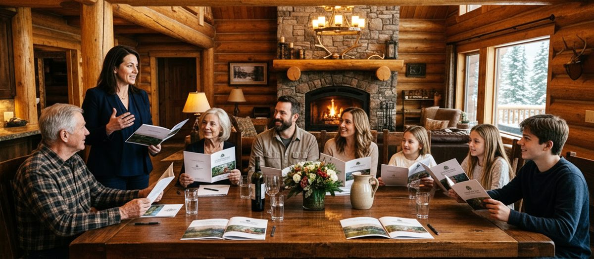 A multi-generational family seated around a dining table listening to an advisor present a family vision and growth strategy briefing